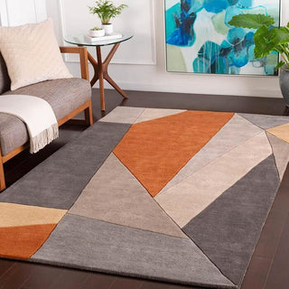 Grey - Orange Geometric Pattern Hand Tufted Carpet